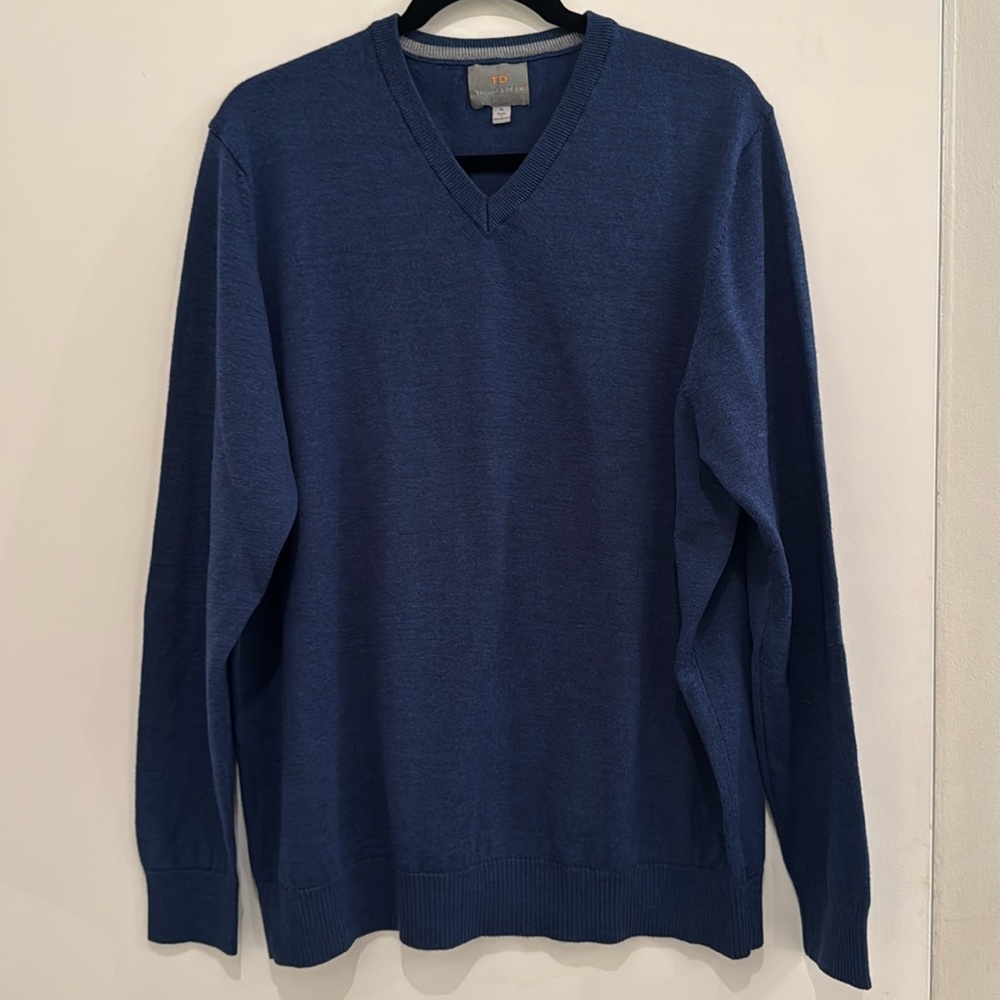 Thomas dean navy blue V-neck 100% merino wool sweater. Size large.